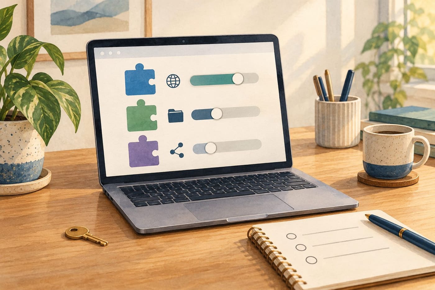 Original conceptual illustration of a generic laptop with abstract software tiles and permission controls beside a blank notebook; not a real browser screenshot or security certification.