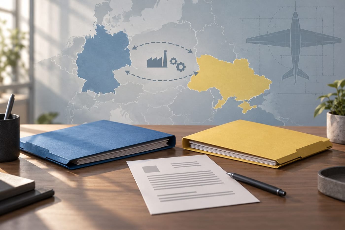 Original conceptual illustration of briefing folders and a Germany-Ukraine connection map; it does not depict a real contract, drone or meeting.