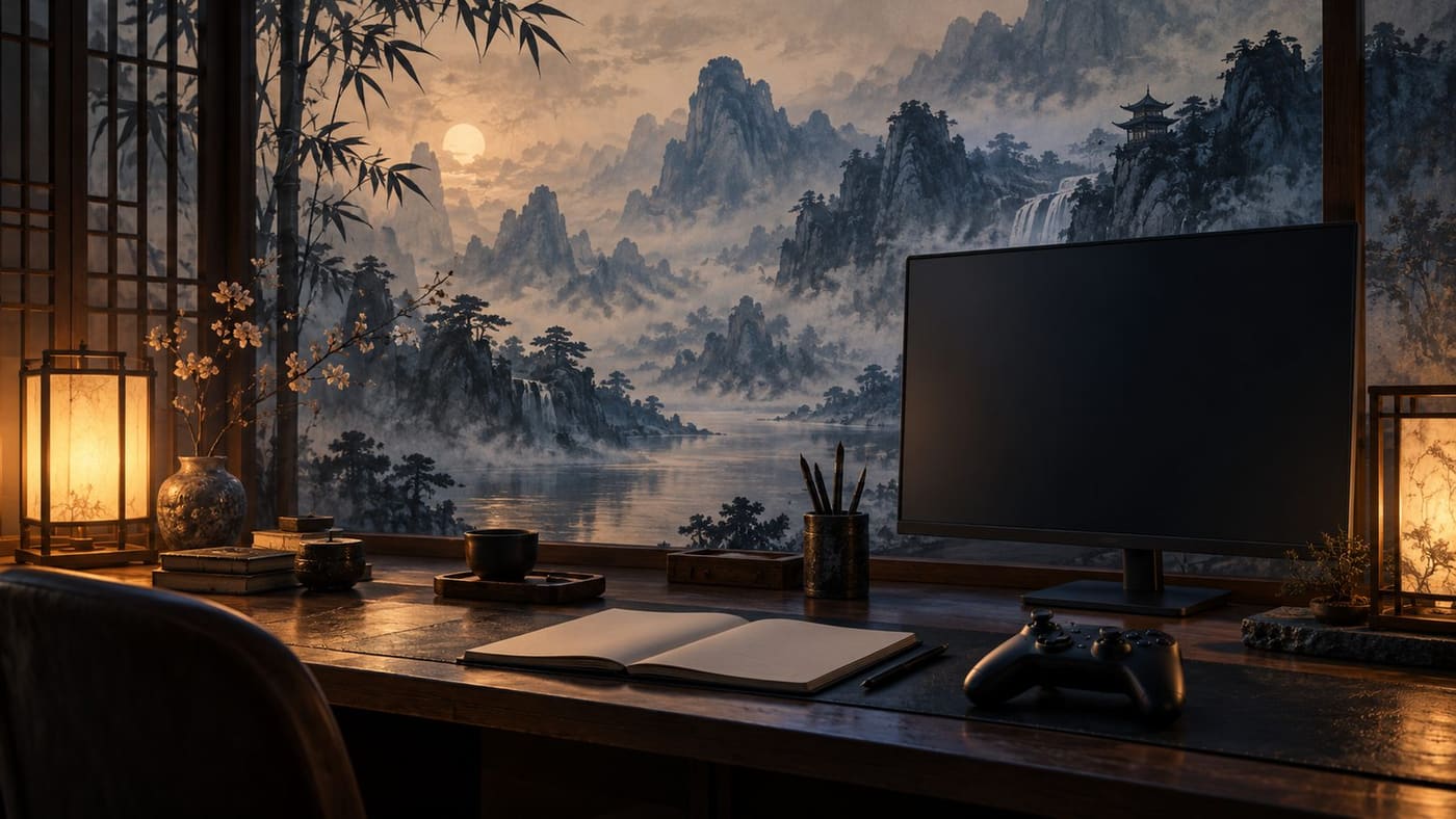 Original conceptual illustration of an imagined gaming desk with an unbranded controller, blank notebook and dark monitor against a mountain mural; not game artwork.