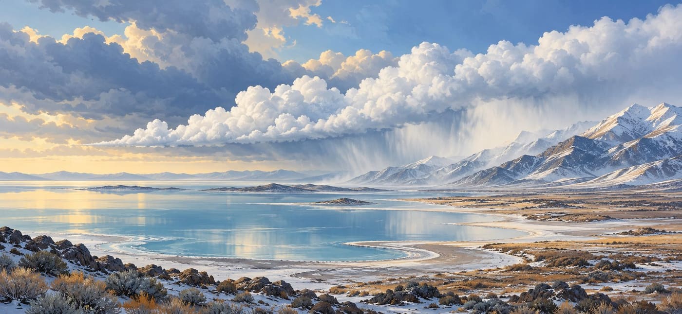 Original conceptual illustration of clouds above a broad salt lake and snow-covered mountain slopes; not a measured map or documented weather event.