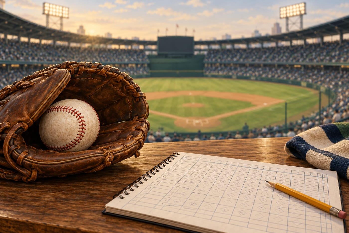Original conceptual illustration of a baseball glove, ball and scorekeeping notebook overlooking an imagined ballpark; not a match photograph.