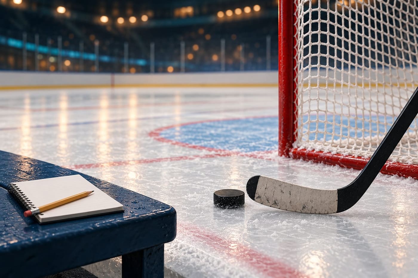 Original conceptual illustration of an unbranded puck and hockey stick near a red goal, with a blank notebook; not match photography or a calibrated replay.