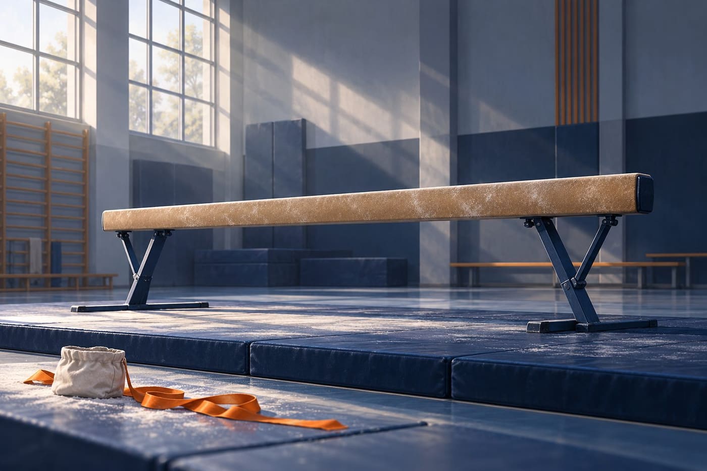 Original conceptual illustration of an empty balance-beam training hall with navy mats and an orange ribbon; not Sanne Wevers or the Rotterdam venue.