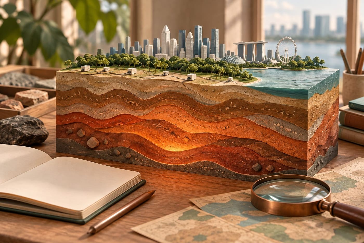 Original conceptual illustration of a Singapore-inspired research model with imagined warm rock layers and surface sensors; not a surveyed geological map or approved plant design.