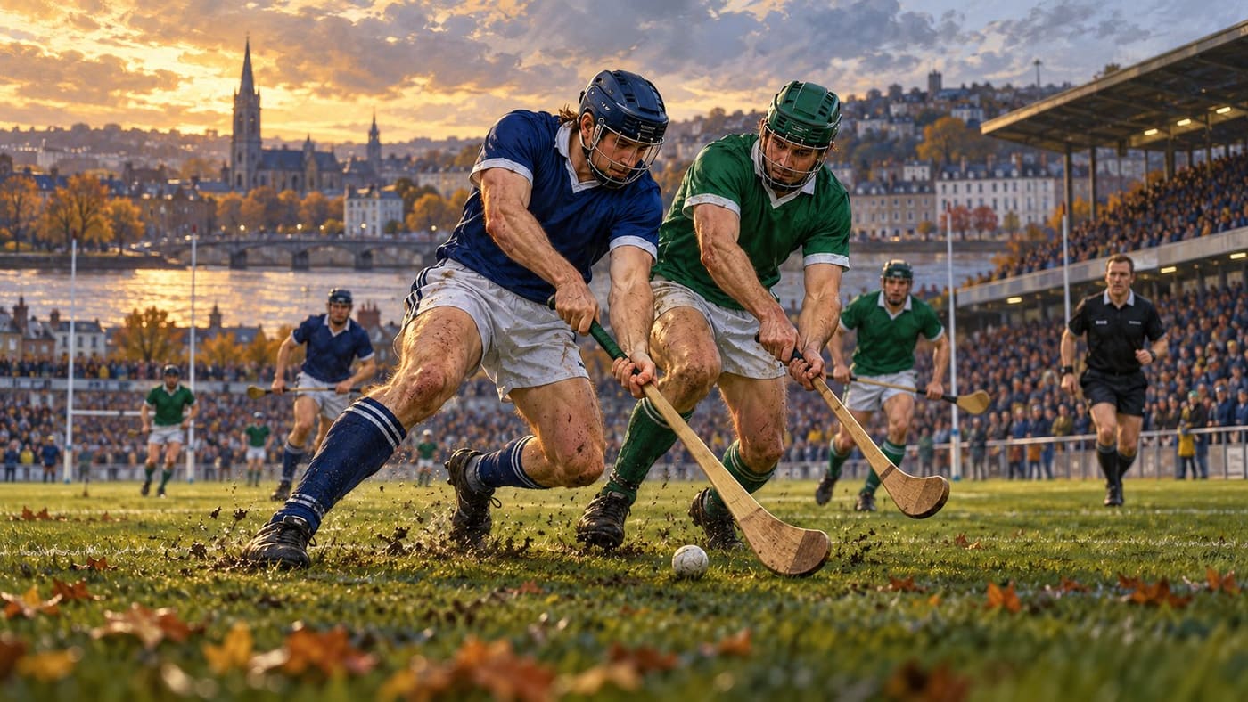 Original conceptual illustration of anonymous Scotland- and Ireland-coloured teams contesting a ball in a hybrid stick sport; not the actual match or identifiable players.