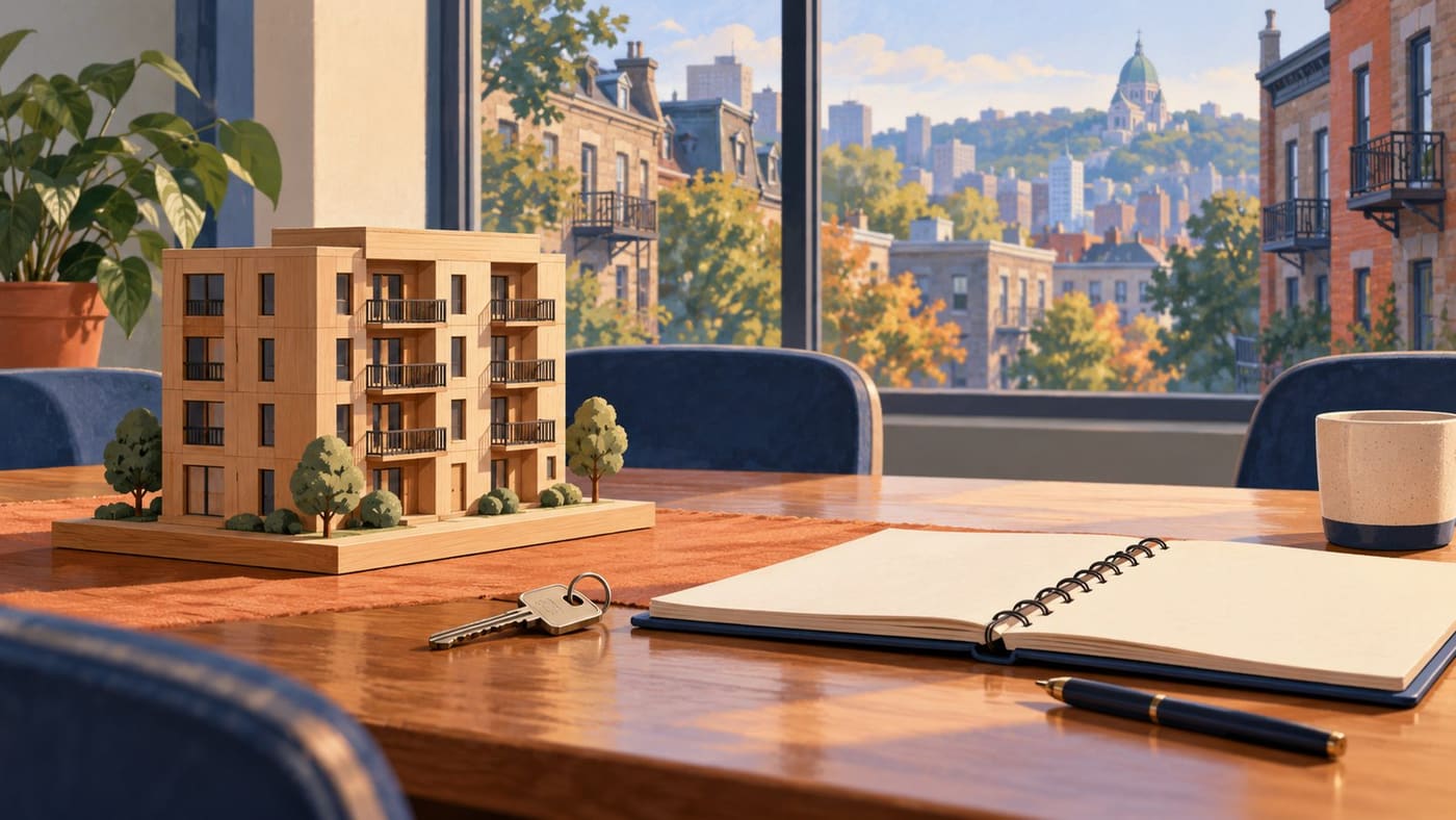 Original conceptual illustration of wooden housing models, a key and a blank planning notebook beside an imagined Quebec street.