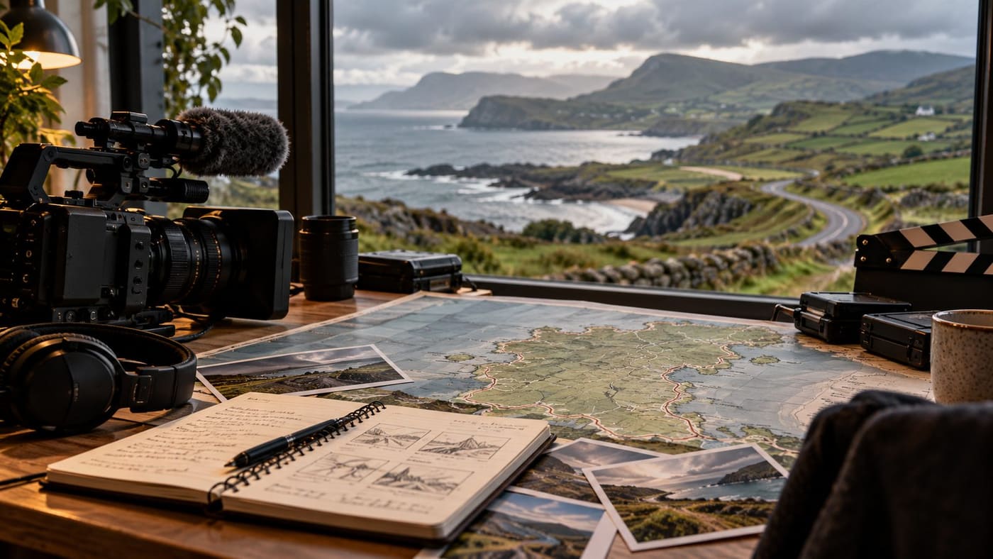 Conceptual documentary workspace with an unbranded camera, notebook and route map overlooking Donegal-like coastal hills; not an actual TG4 set or rally episode.