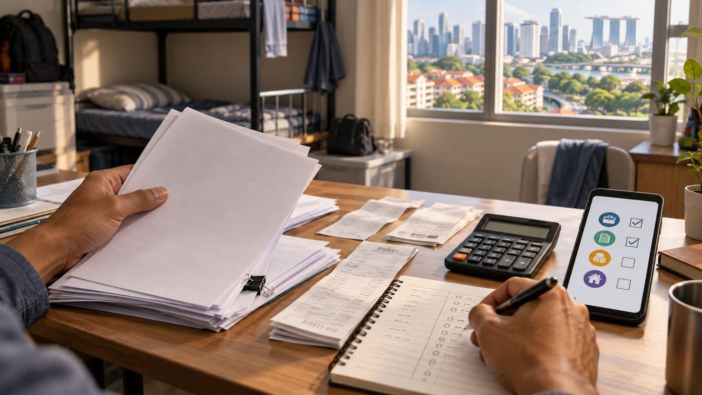 Conceptual illustration of hands reviewing blank recruitment papers, receipts and a fee ledger at a desk in a shared Singapore room; the documents do not depict a real worker or case.
