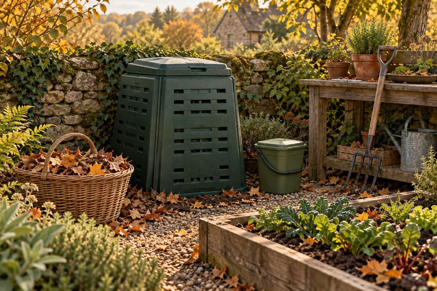 Original conceptual illustration of a garden compost bin, dry leaves, a closed kitchen caddy and safely stored gardening tools.