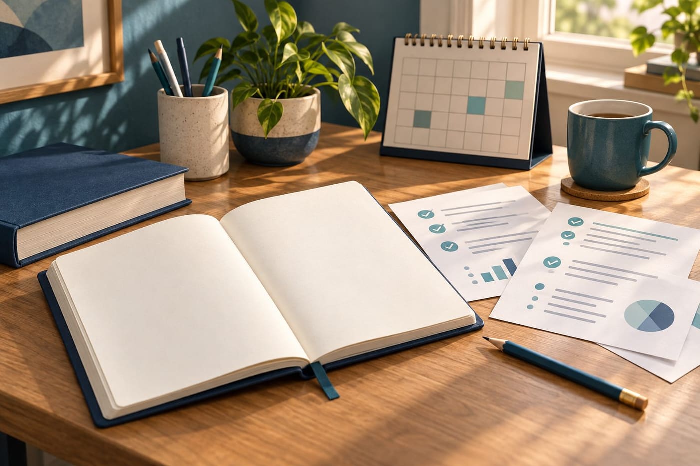 Original conceptual illustration of a notebook, abstract feedback sheets, pencil and unmarked calendar on a study desk.