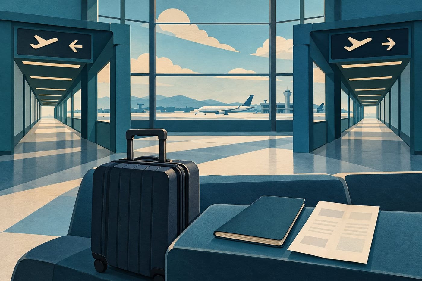 Original conceptual illustration of a fictional airport lounge, branching corridors, suitcase and blank travel documents; not an actual terminal or traveller's case.