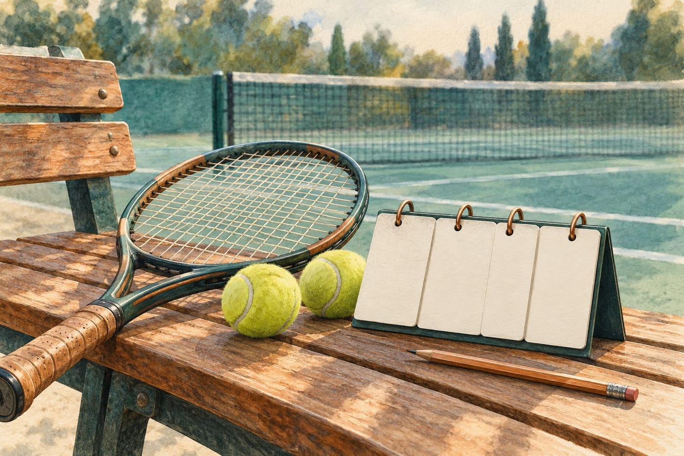 Original conceptual illustration of an unbranded tennis racket, two balls and blank flip-score cards on a courtside bench; not an official result or real match.