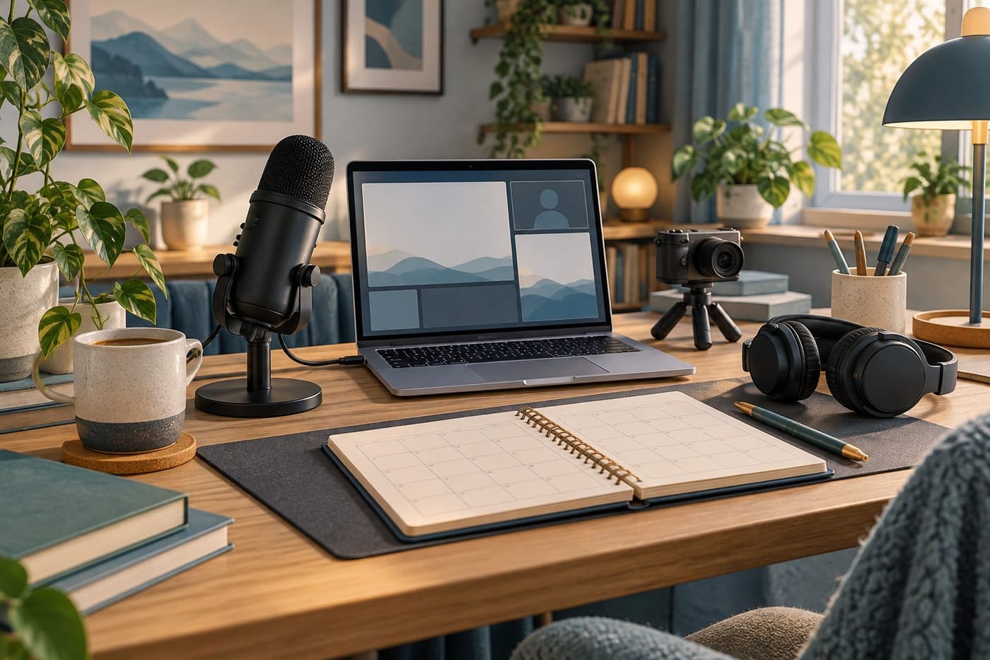 Original conceptual illustration of an unbranded livestream desk with microphone, headphones, camera, laptop and planner; not a real creator studio.