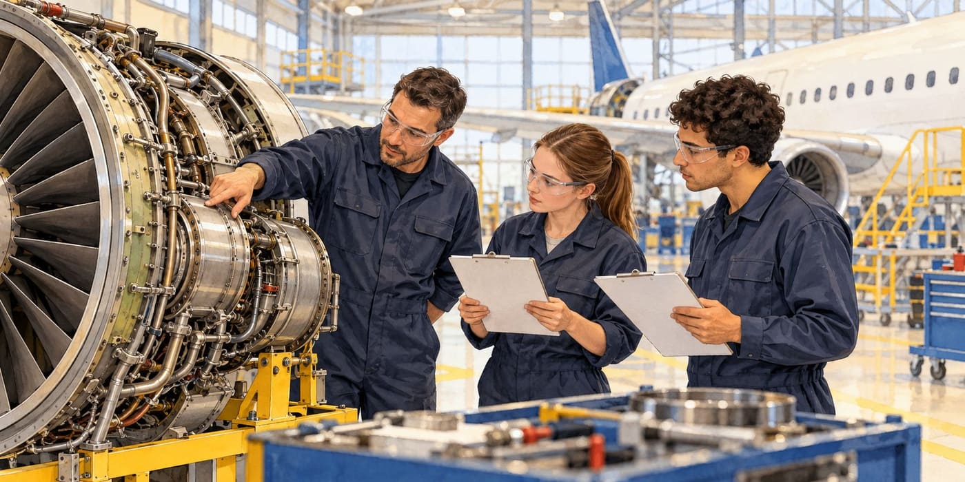Original conceptual illustration of three trainee aircraft mechanics examining an aircraft engine in a clean training hangar; it does not depict Ryanair staff, Shannon Airport, or the announced project.