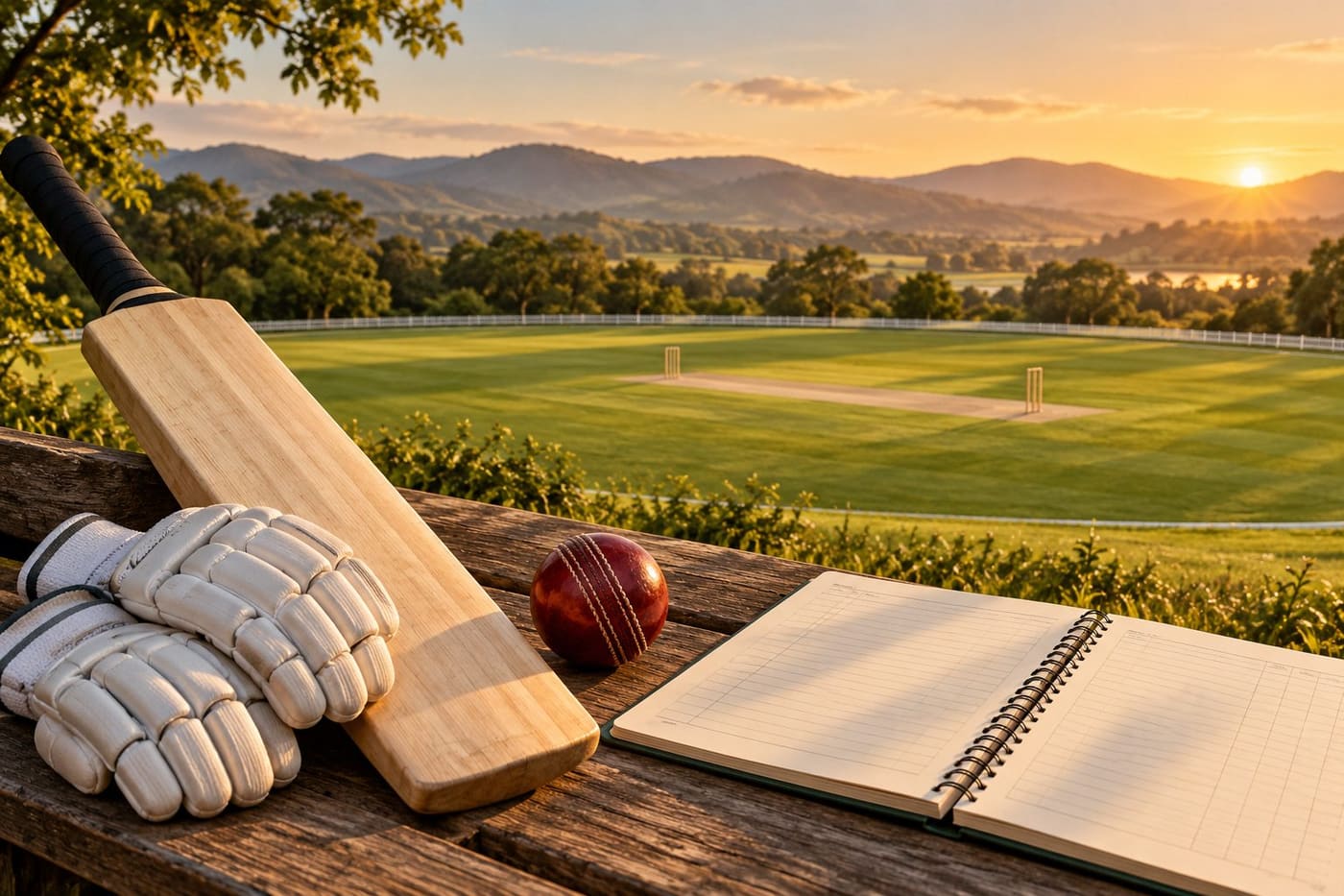 Original conceptual cricket illustration with plain bat, gloves, red ball and blank notebook beside a generic oval; not Josh Inglis or Newlands match photography.