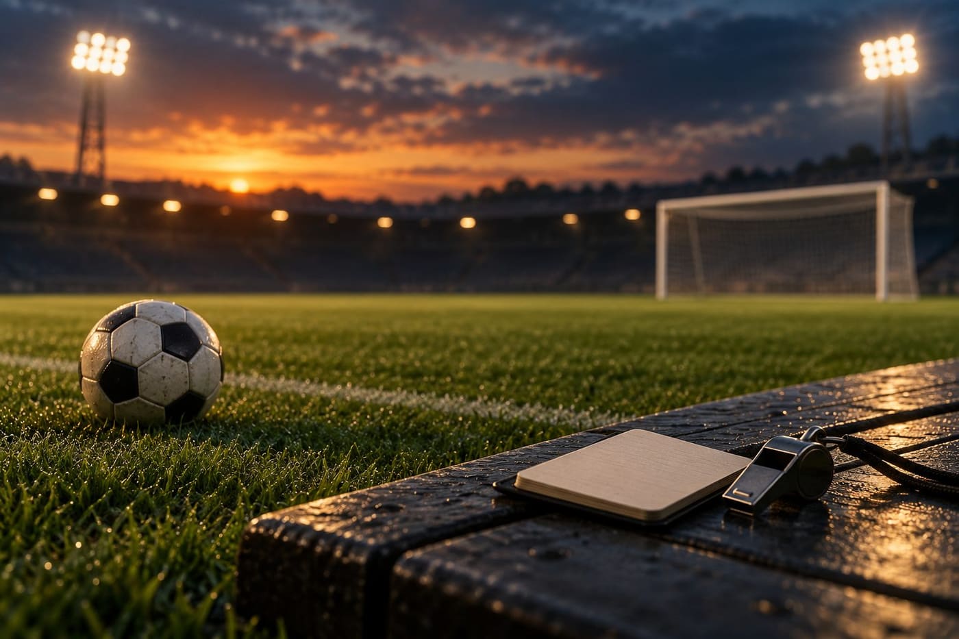 Original conceptual illustration of an unbranded football, distant goal, blank notebook and whistle at dusk; not Dortmund-Bremen match photography.