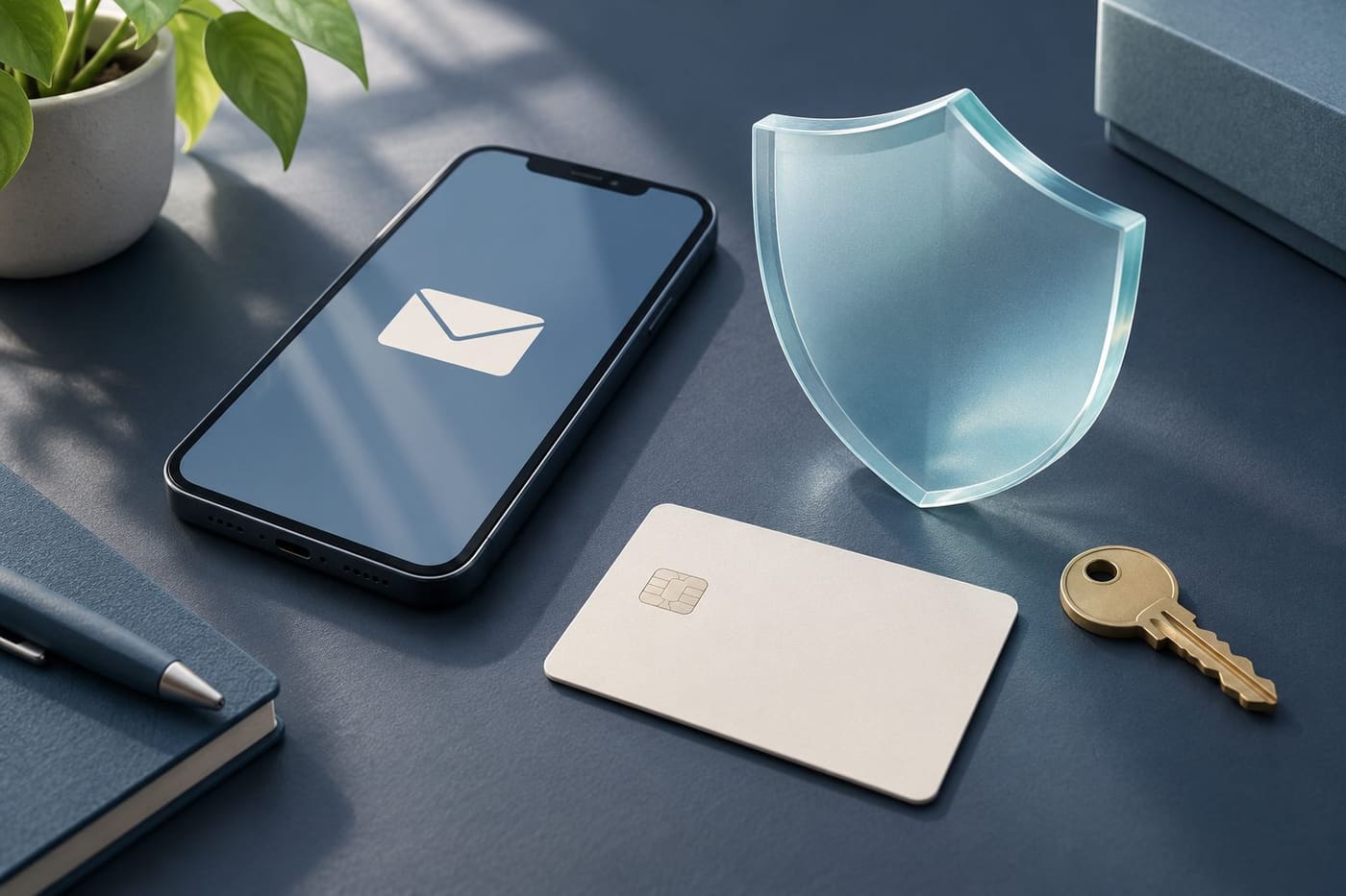 Original conceptual illustration of an unbranded phone, blank membership card, key and translucent shield; not an affected system or actual member record.