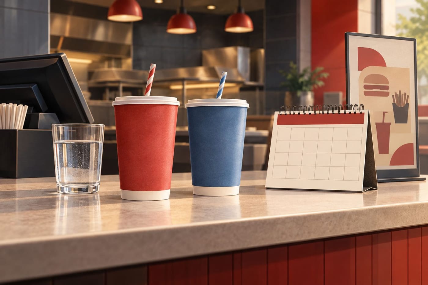 Original conceptual illustration of unbranded drink cups, water and a calendar at a generic restaurant counter; not an actual KFC location or future menu.