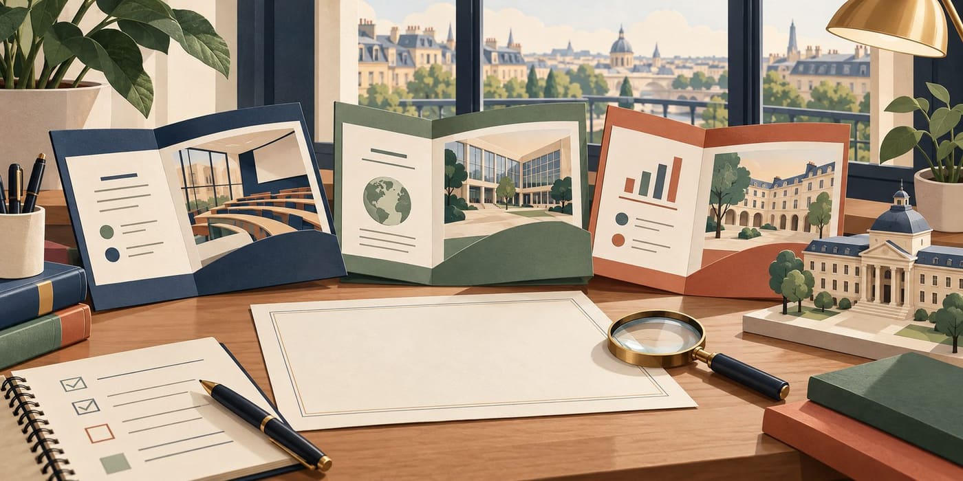 Original conceptual illustration of programme folders, a blank diploma-like document, magnifying glass and university model; not a real campus or accreditation seal.