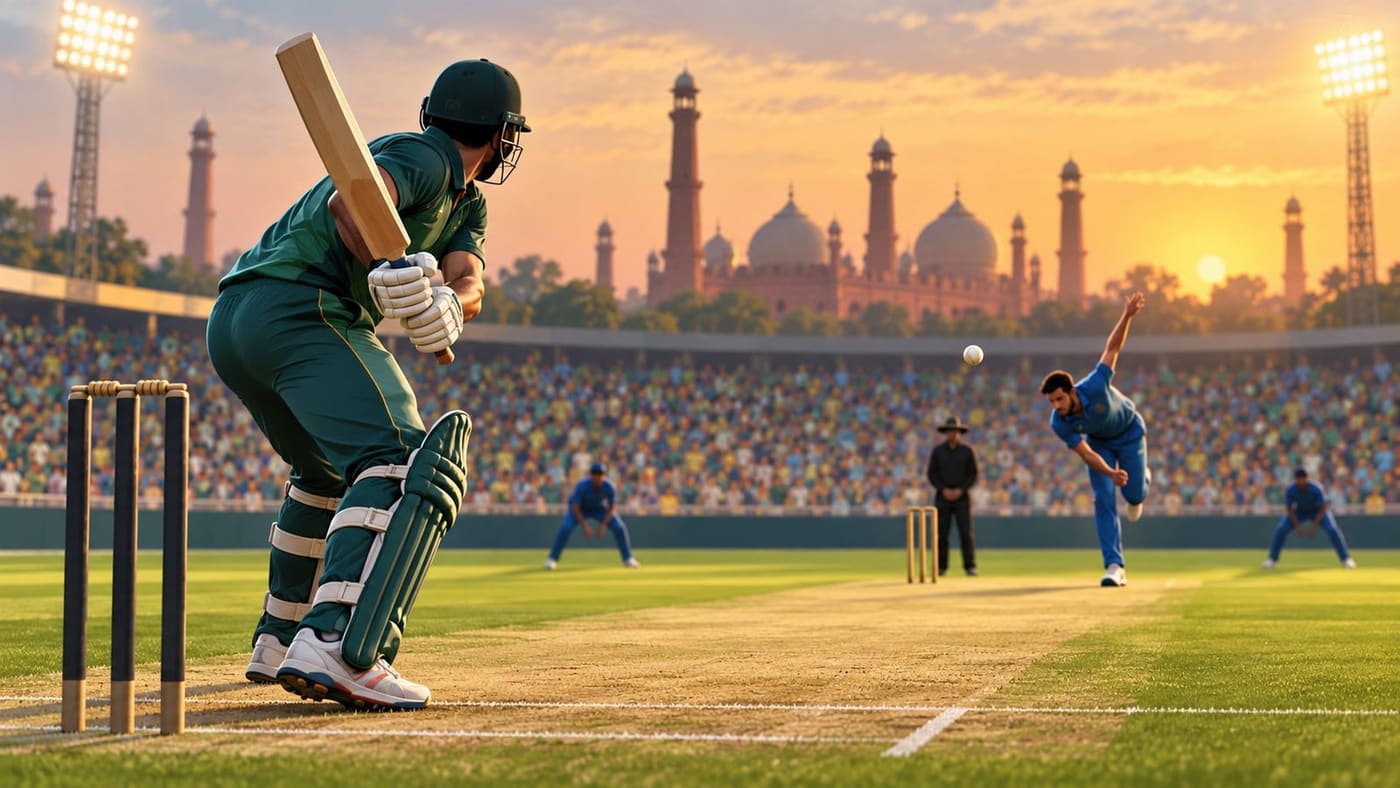 Original AI-generated conceptual illustration of anonymous cricketers in an unbranded one-day match setting; it does not depict the actual teams or a real match moment.