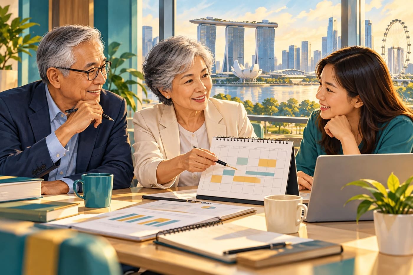 Original generated conceptual illustration of older professionals discussing a calendar with a younger colleague in a Singapore-style office; not actual people or an official event.