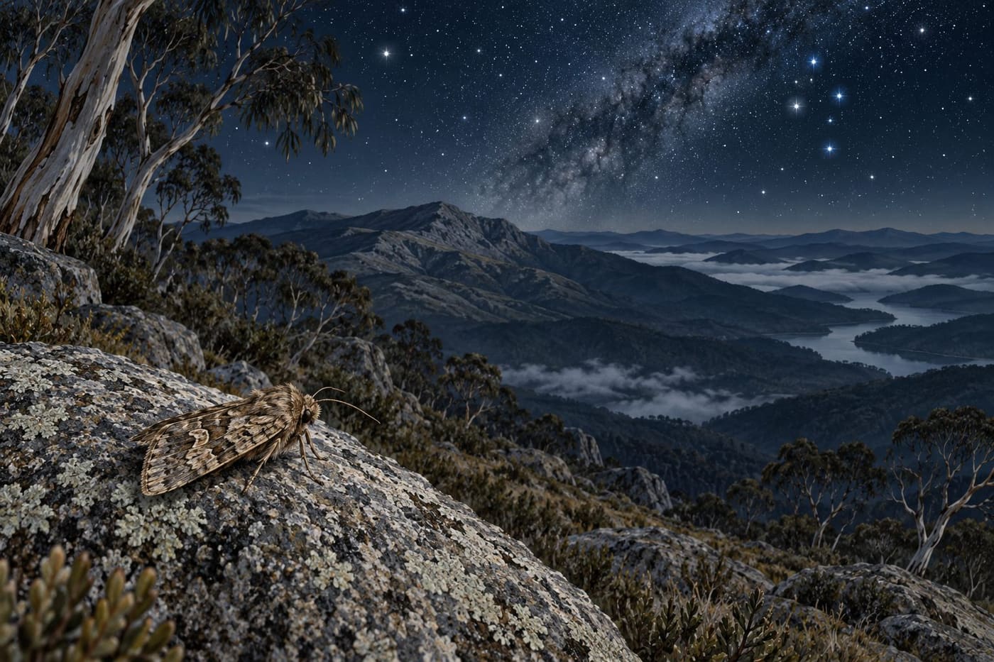 Original generated editorial illustration of a brown moth on a rock above an Australian alpine landscape under stars; not an identification plate.