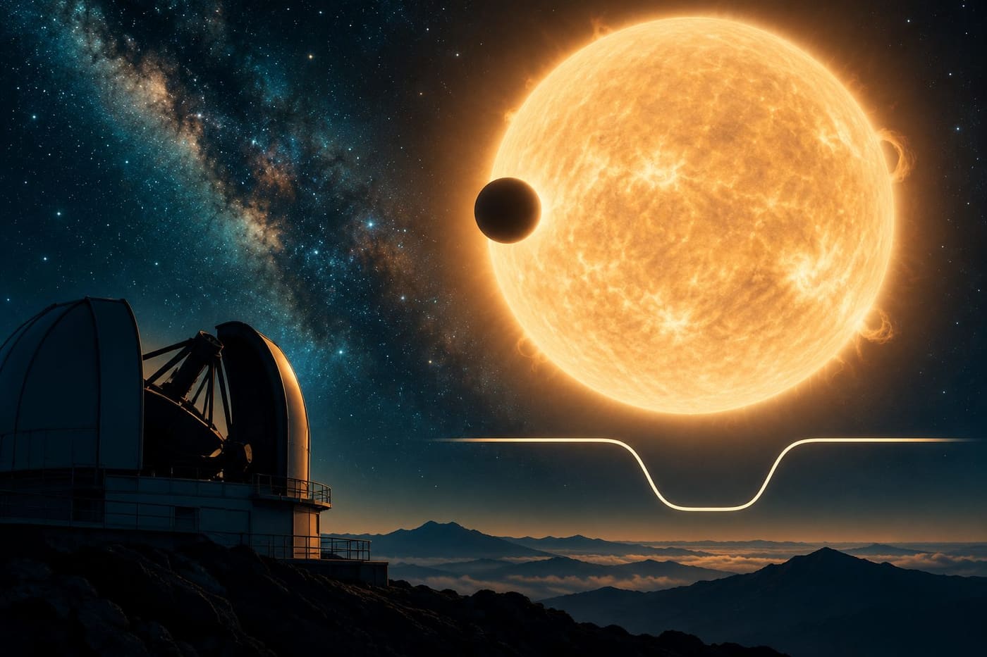 Original conceptual illustration of a planet crossing a star, a telescope silhouette and an unlabeled light-curve motif; not actual telescope imagery.