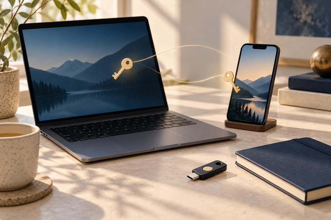 Original conceptual illustration of a laptop, phone and physical security key, with symbolic keys representing account access; not a real security interface.
