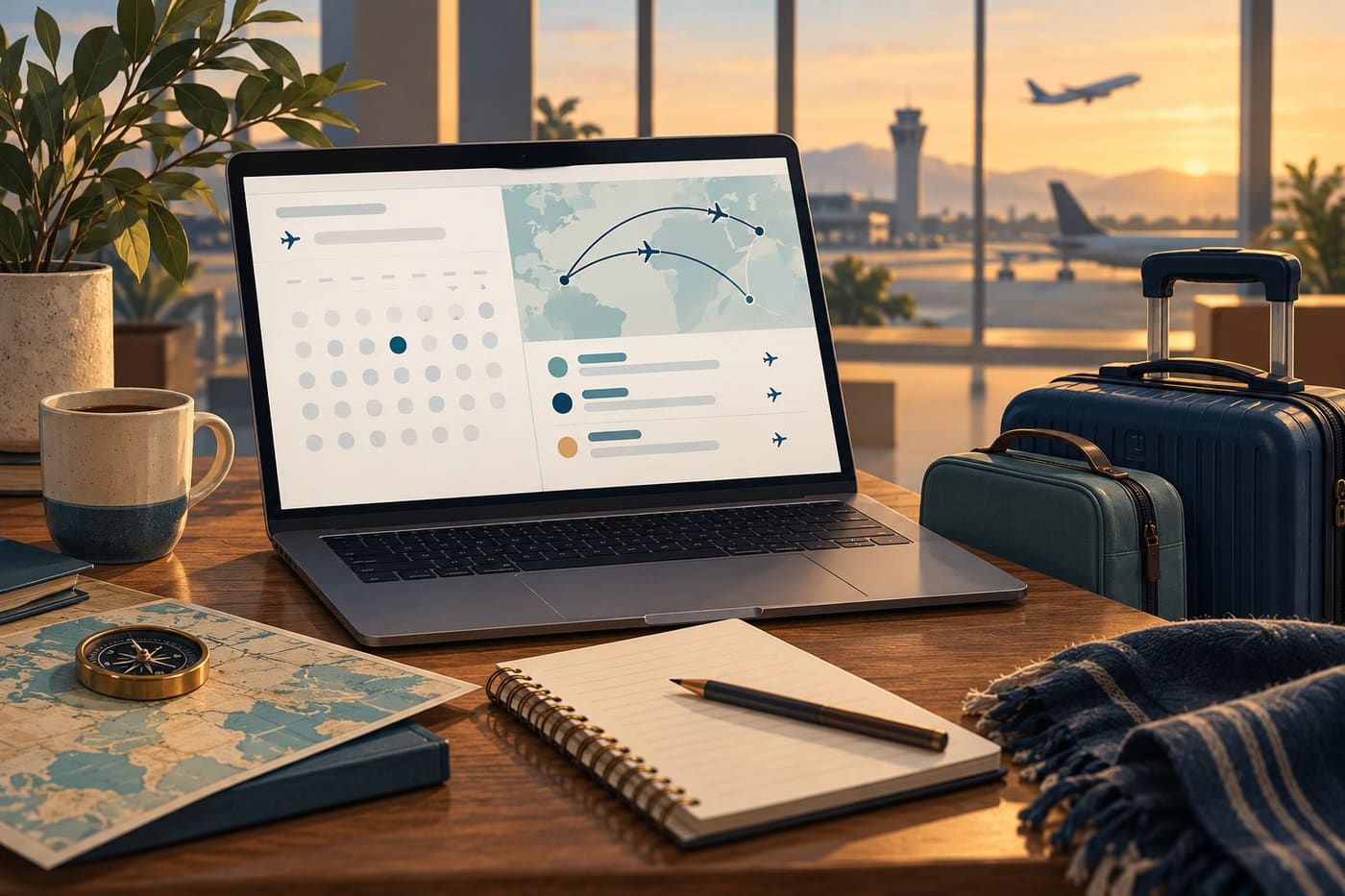 Original conceptual illustration of a travel-planning laptop, abstract routes and luggage by an airport window; not a Google interface or real fare.