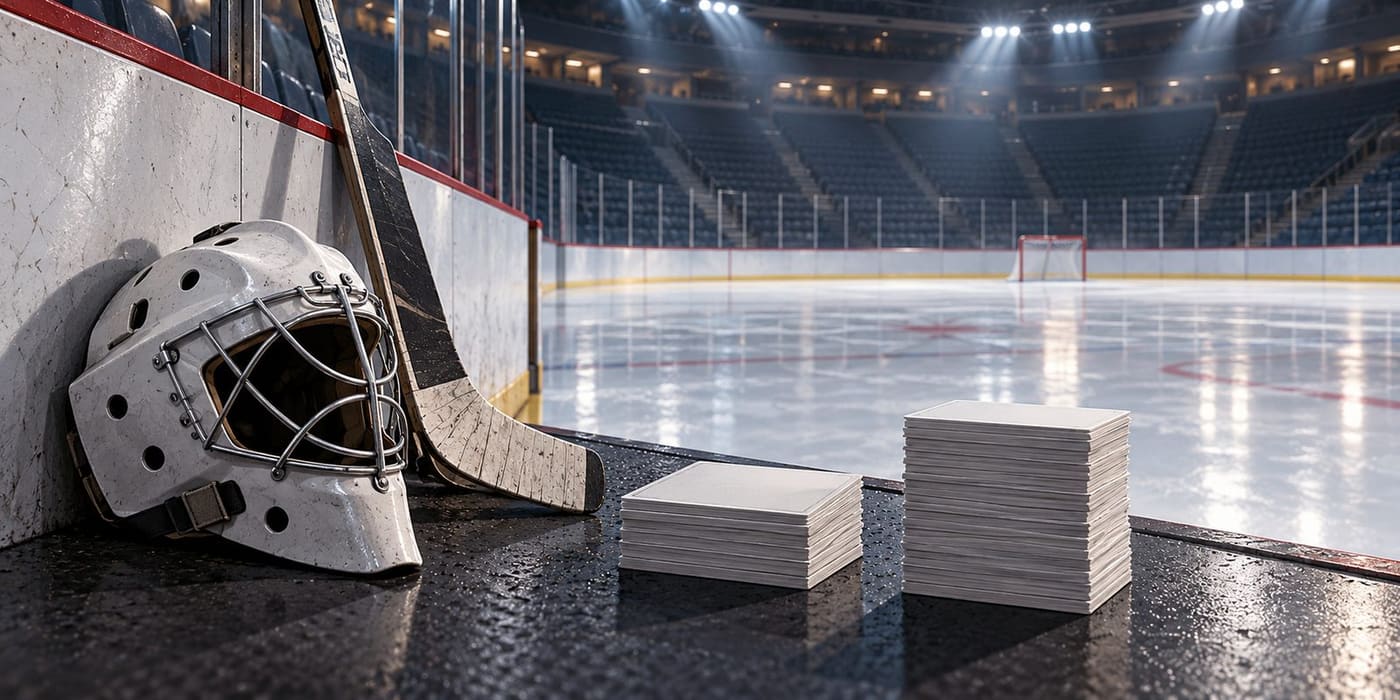 Original conceptual illustration of a generic goalie mask, hockey stick and two stacks of blank cards beside an empty rink; it depicts no actual player, team or trade meeting.