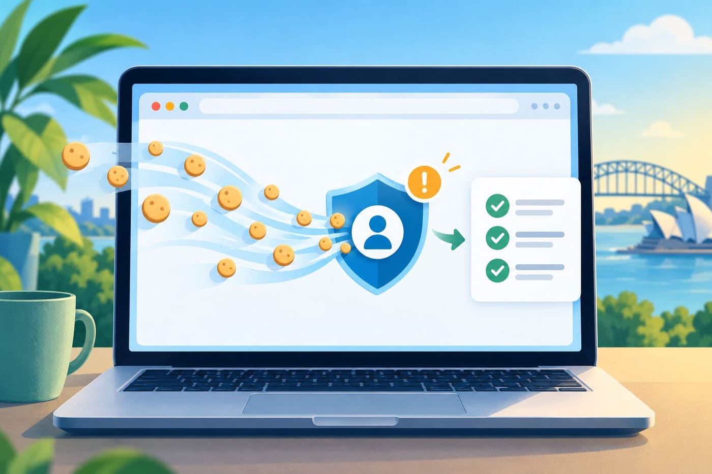 Original conceptual browser-and-shield illustration showing abstract session tokens and account recovery; no real account incident or product interface is depicted.