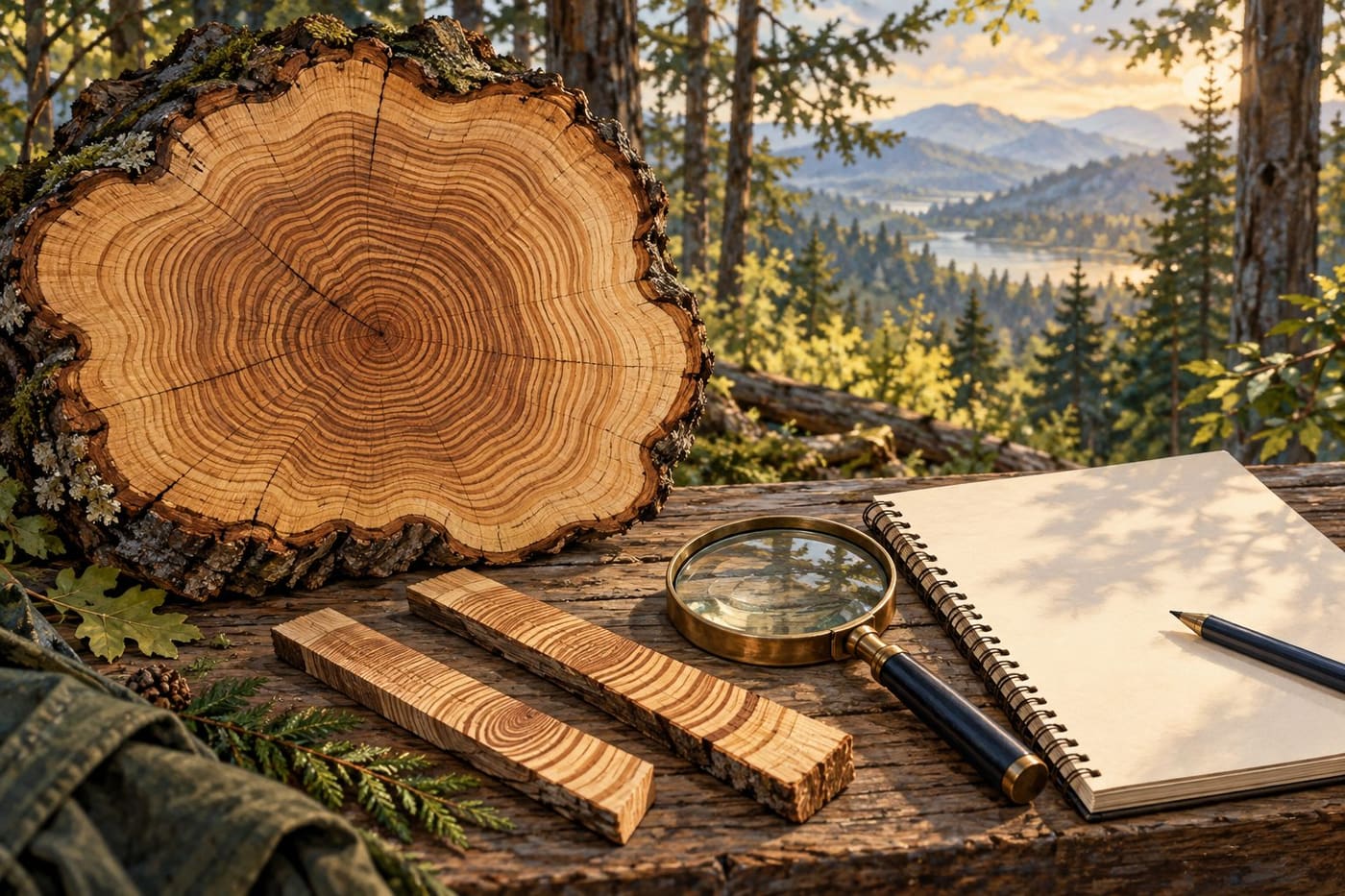 Original conceptual illustration of irregular tree rings, slender wood sample strips and a magnifying glass beside a blank notebook; not a real dated specimen or climate reconstruction.