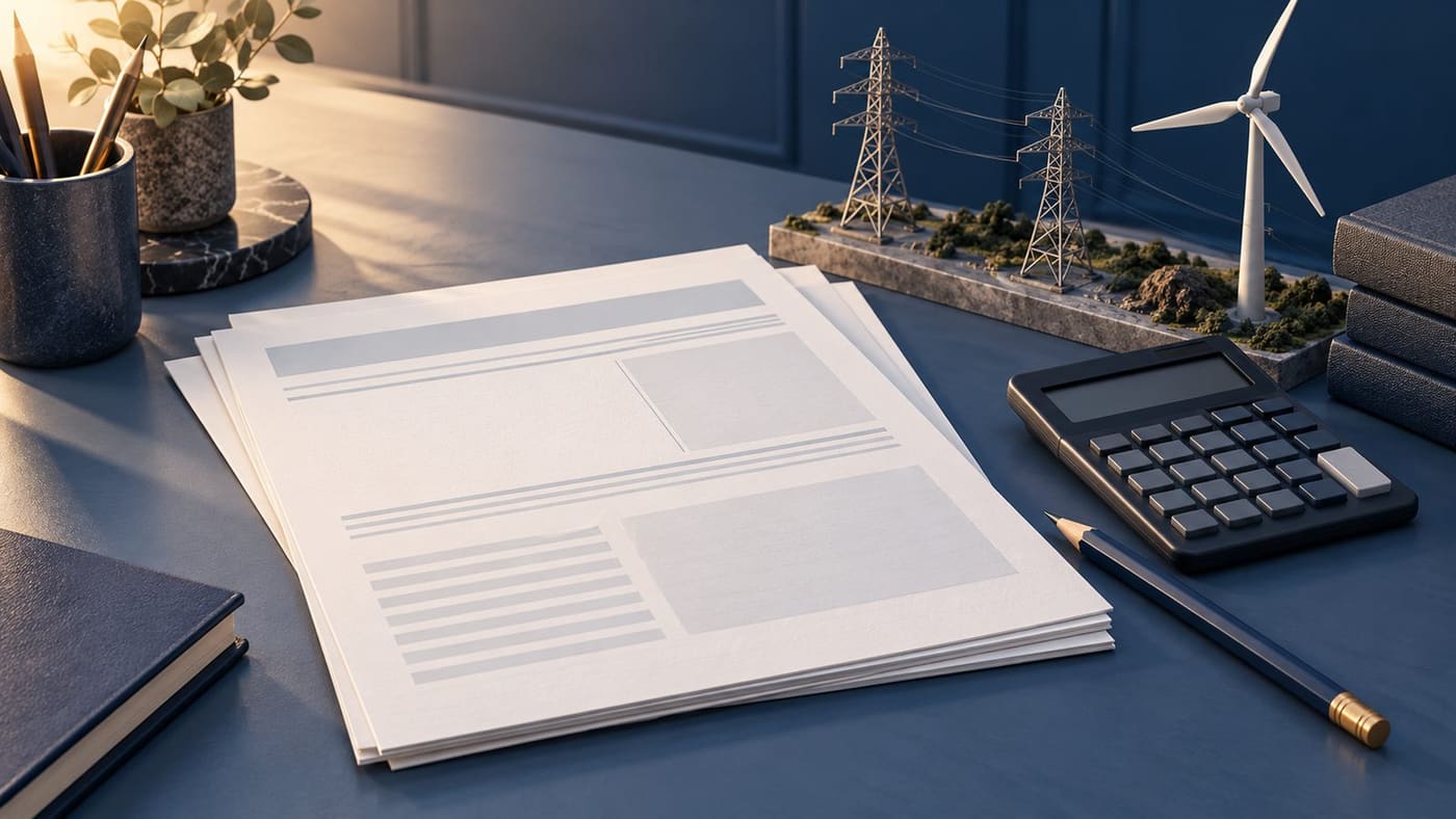 Original generated illustration of financial research papers, a calculator and miniature energy infrastructure on a desk.