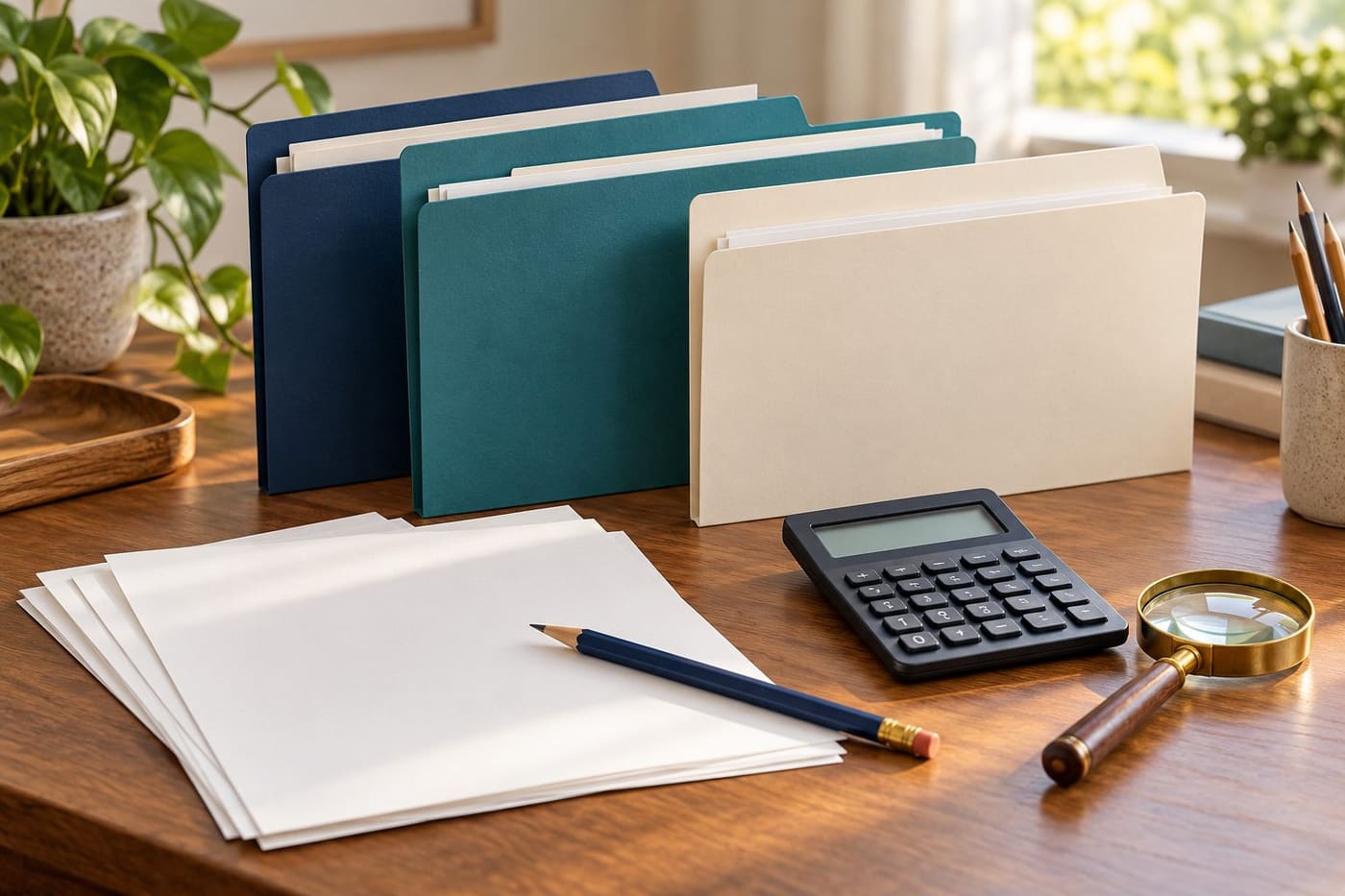 Original conceptual illustration of plain folders, blank papers, calculator, pencil and magnifying glass; no official claim forms or recovered money.