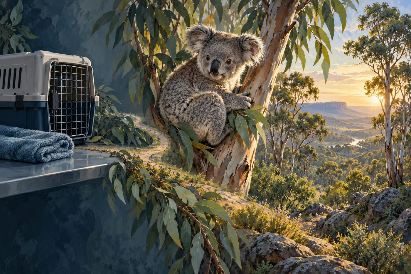 Original conceptual illustration of a koala, an empty animal carrier and eucalyptus woodland; not a real hospital patient, rescue or location.