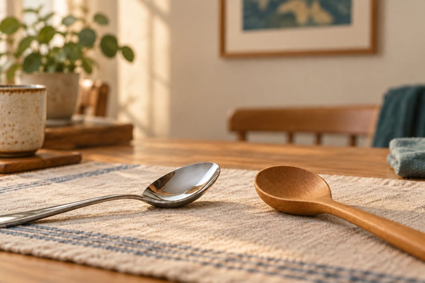 Original conceptual still life of an ordinary metal spoon and wooden spoon side by side indoors; no measured temperatures or experimental results are shown.