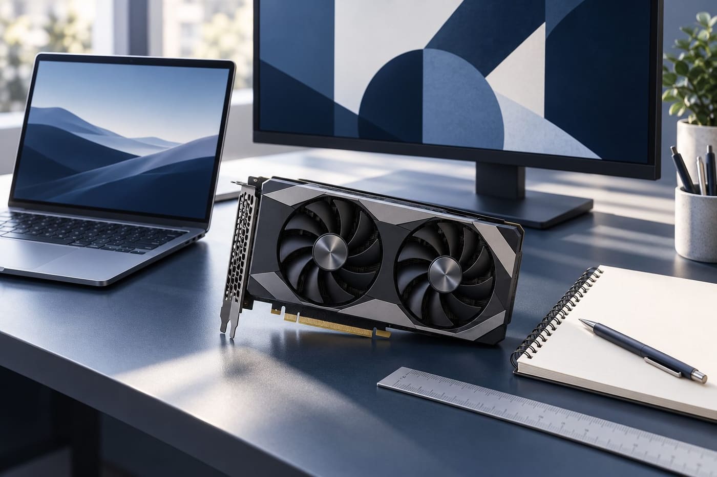 Original conceptual illustration of an unbranded graphics card, laptop, monitor and blank checklist on a desk; not a retail model or benchmark setup.