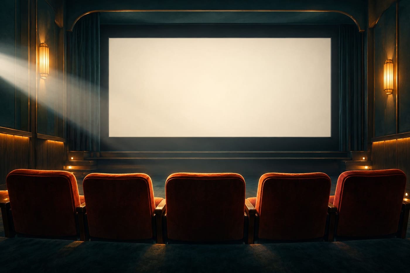 Original symbolic illustration of an empty fictional cinema with five seats and a blank screen; not a film still or festival photograph.