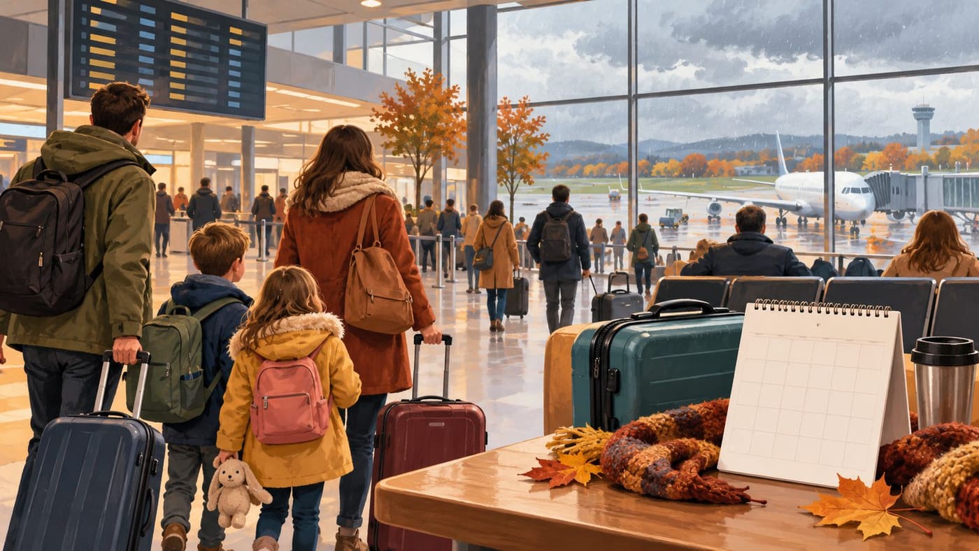 Original conceptual illustration of families preparing to travel through a fictional autumn airport terminal with suitcases and a blank calendar; it does not depict a real airport, flight or passenger event.