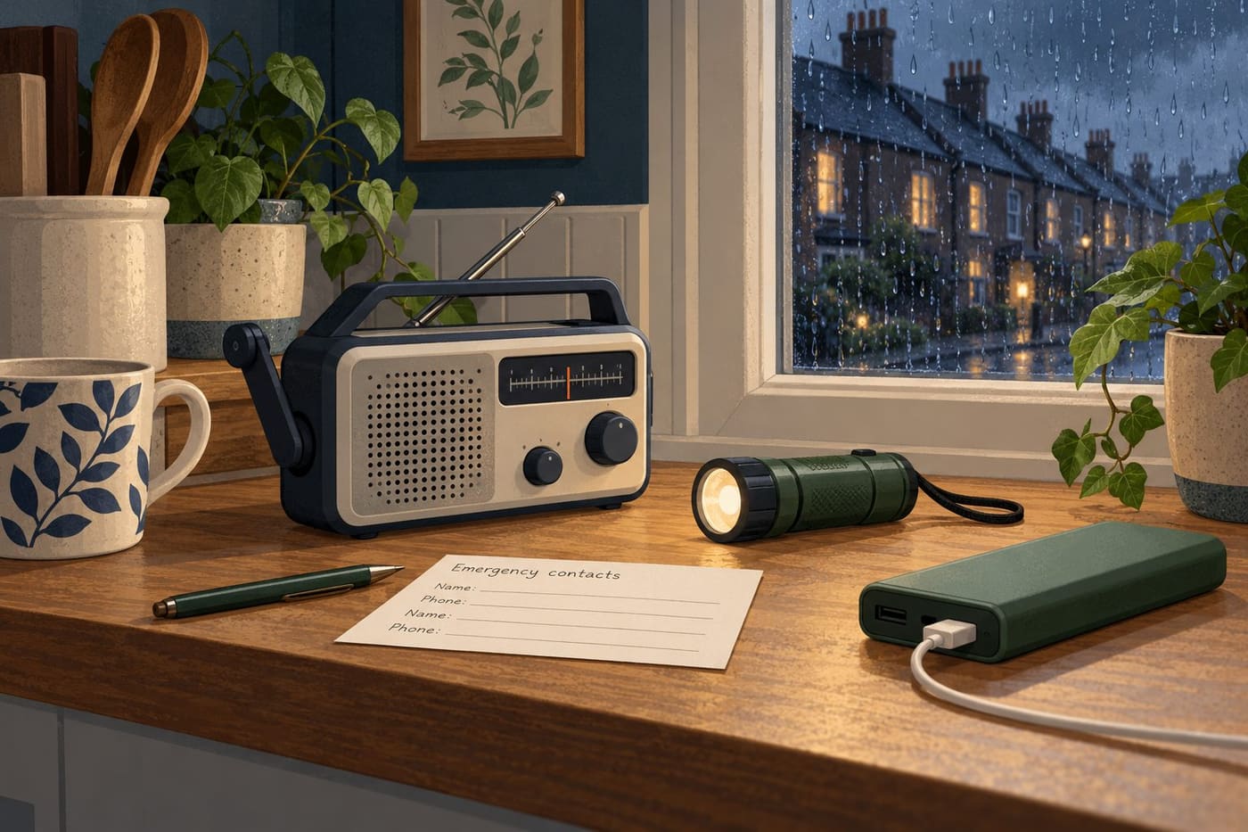 Original conceptual illustration of a generic portable radio, torch, power bank and unfilled emergency-contact form in a fictional UK home; not a real emergency or product endorsement.