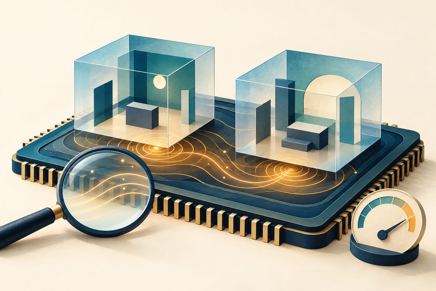 Original conceptual illustration of two separate glass workspaces on a shared processor, with amber ripples, a magnifying glass and measurement dial; not an actual experiment or infrastructure diagram.