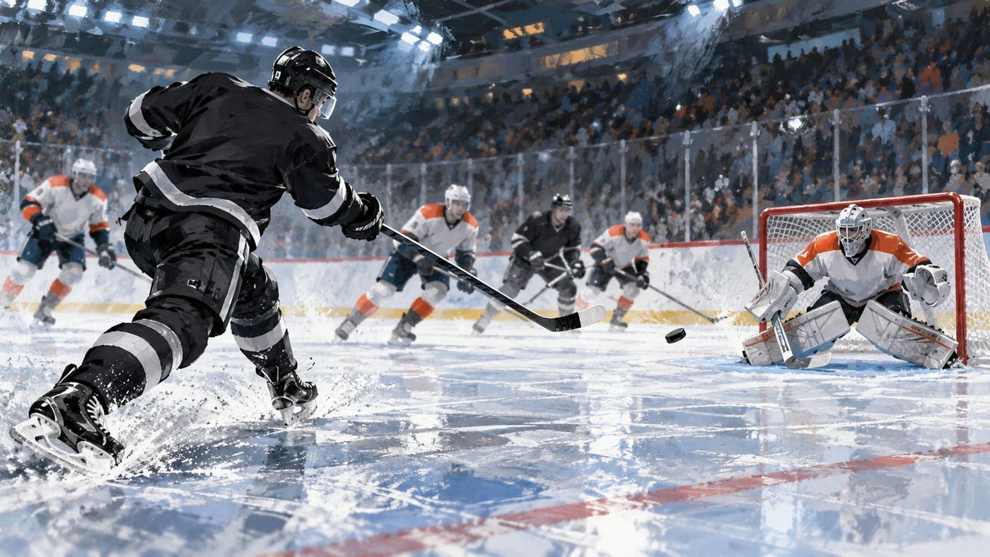 Conceptual editorial illustration of a generic unbranded hockey defenceman taking a shot in an arena; no identifiable player or actual Ducks–Flyers scene is depicted.