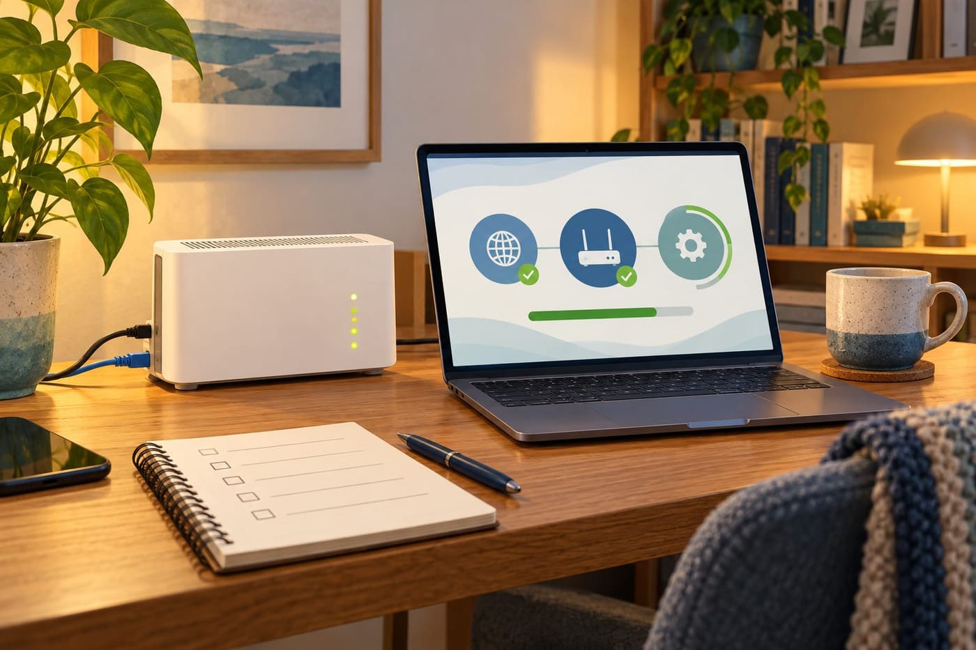 Original conceptual illustration of a generic fictional router, laptop and maintenance checklist; not an actual FRITZ!Box model or interface.