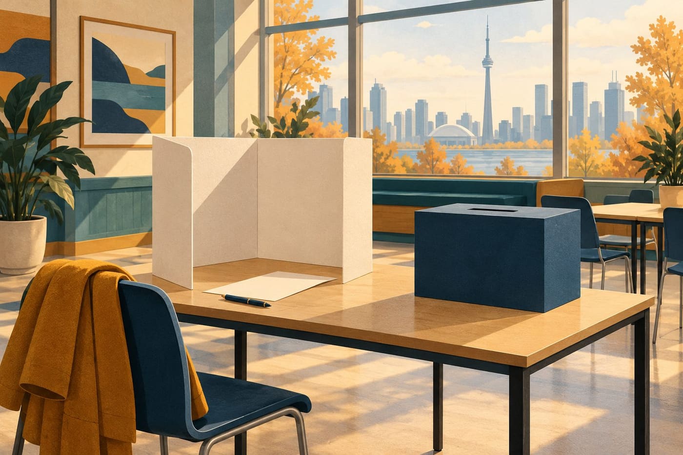 Original conceptual illustration of a fictional civic voting room with an unmarked ballot, privacy screen and box; not an actual polling place.