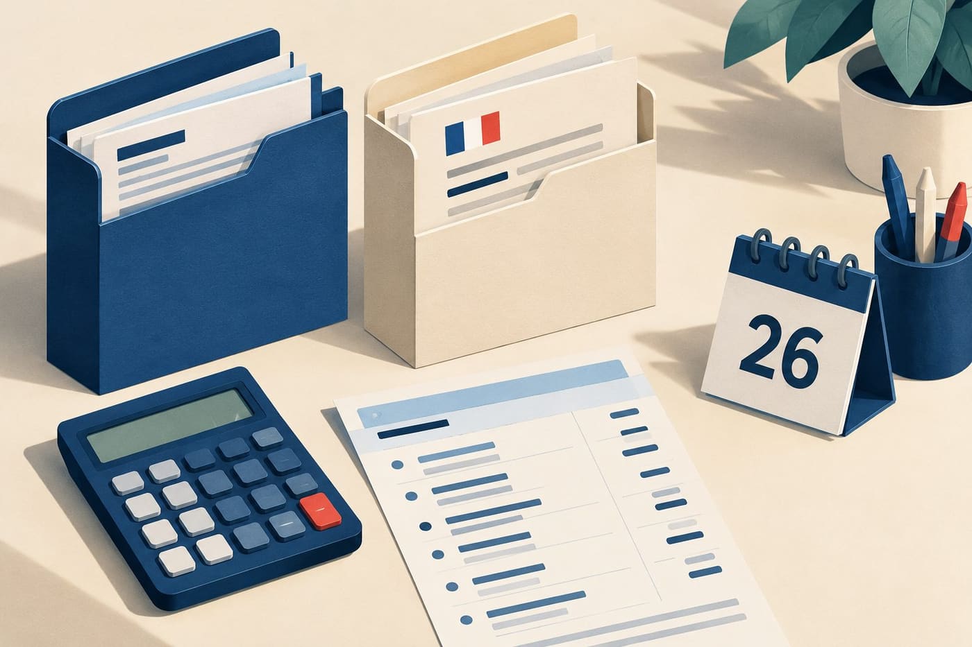 Original conceptual illustration of two document folders, a calculator, abstract statement and calendar marked 26; not a real bank statement or tax notice.