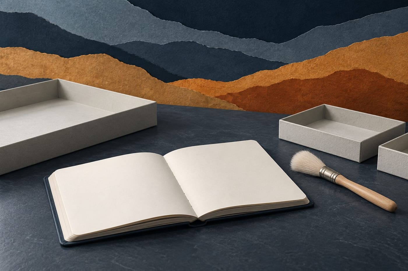 Original conceptual illustration of blank documentation materials, a brush and empty archival trays against abstract earth layers; not Juukan Gorge or recovered artefacts.
