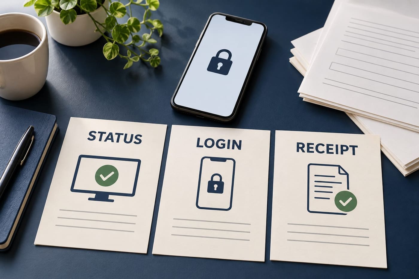 Original conceptual illustration of generic STATUS, LOGIN and RECEIPT cards beside a phone with a lock symbol; no real DigiD interface, QR code or submission record.