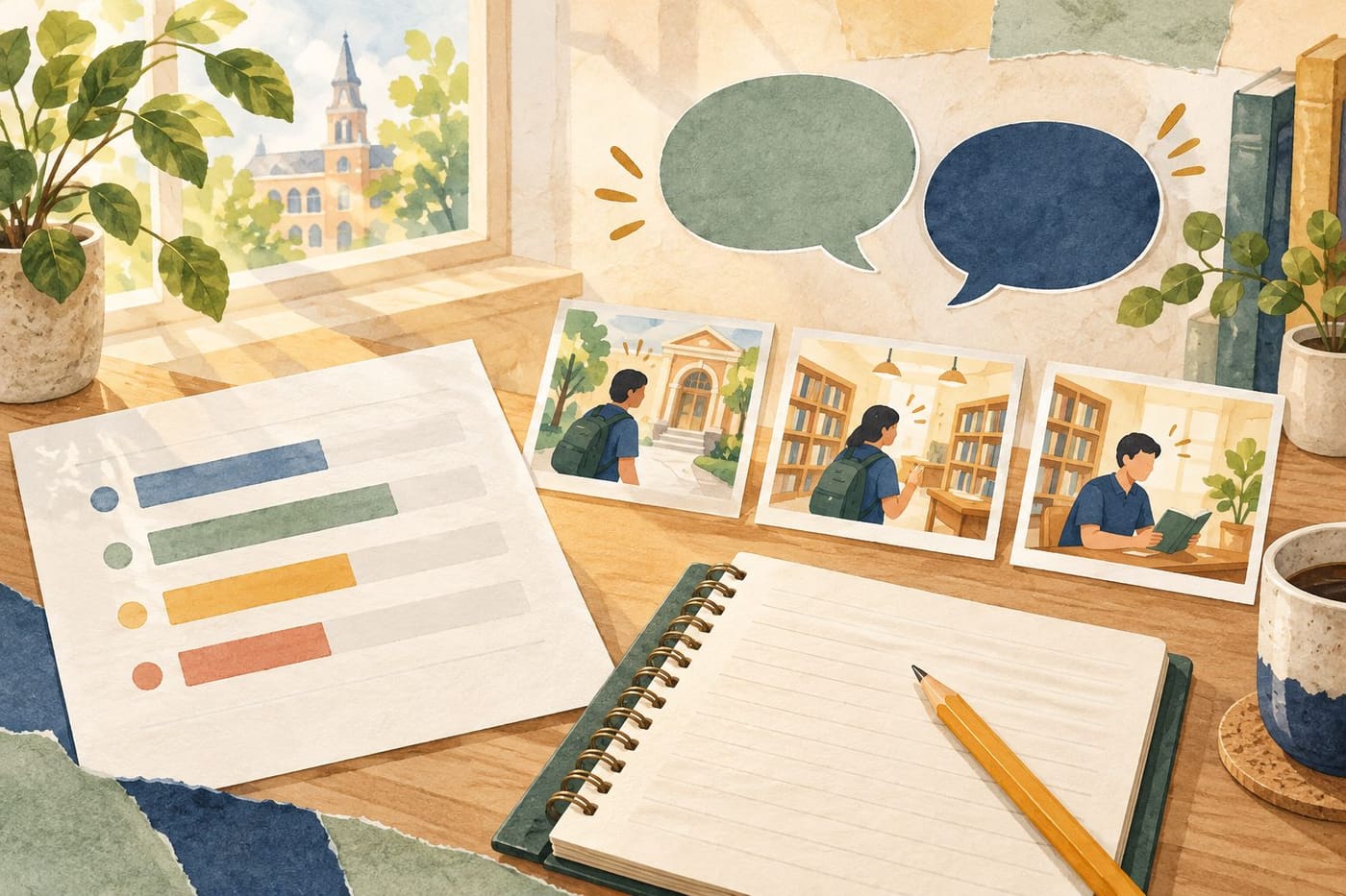 Original conceptual study-desk illustration with abstract score bars, a notebook, fictional library picture cards and speech bubbles; not an EIKEN document or real learner result.