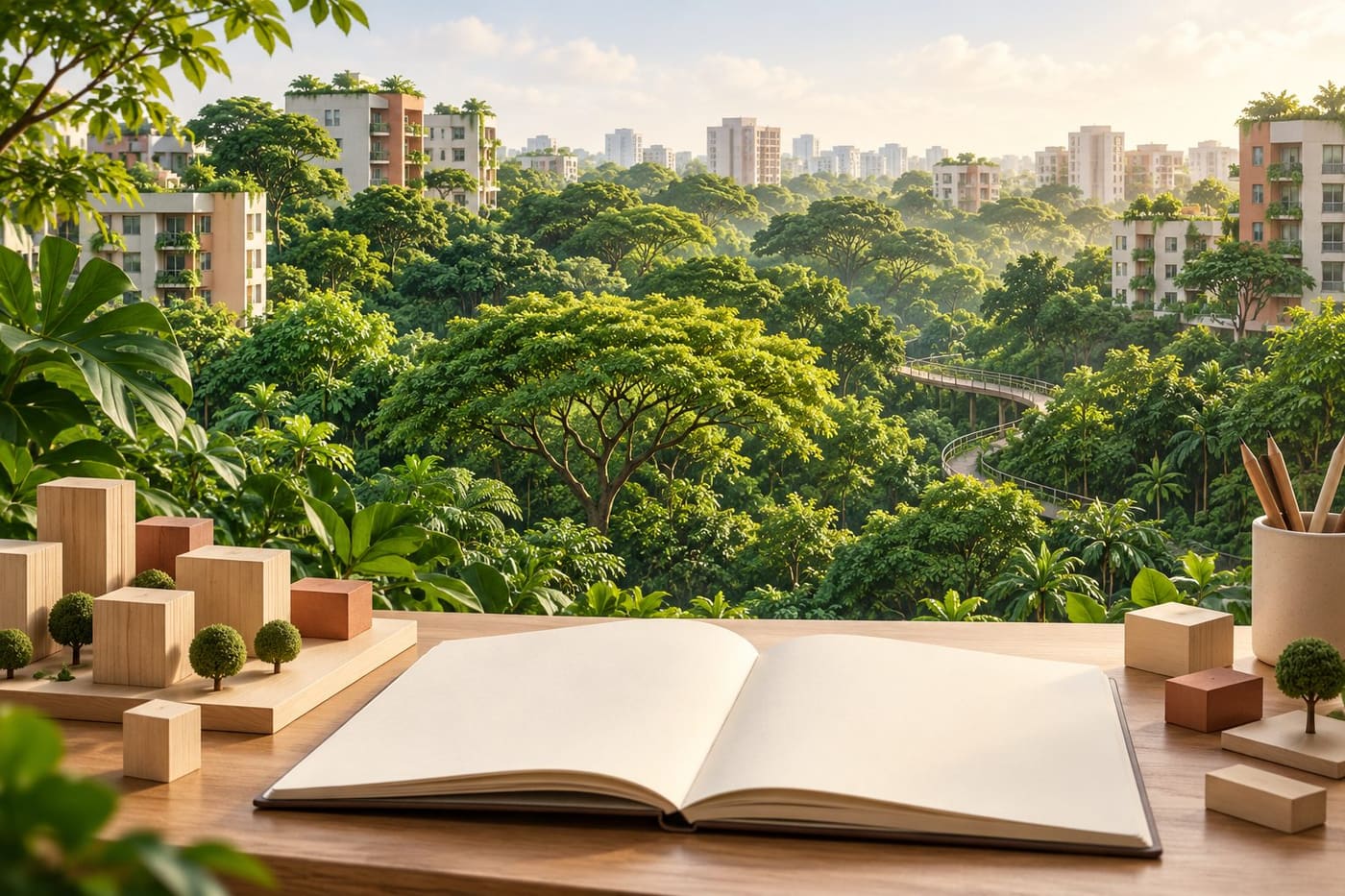 Original conceptual tropical forest and housing illustration with blank planning notebook and model blocks; not the official Maju Forest or Gillman Barracks plan or future-estate rendering.