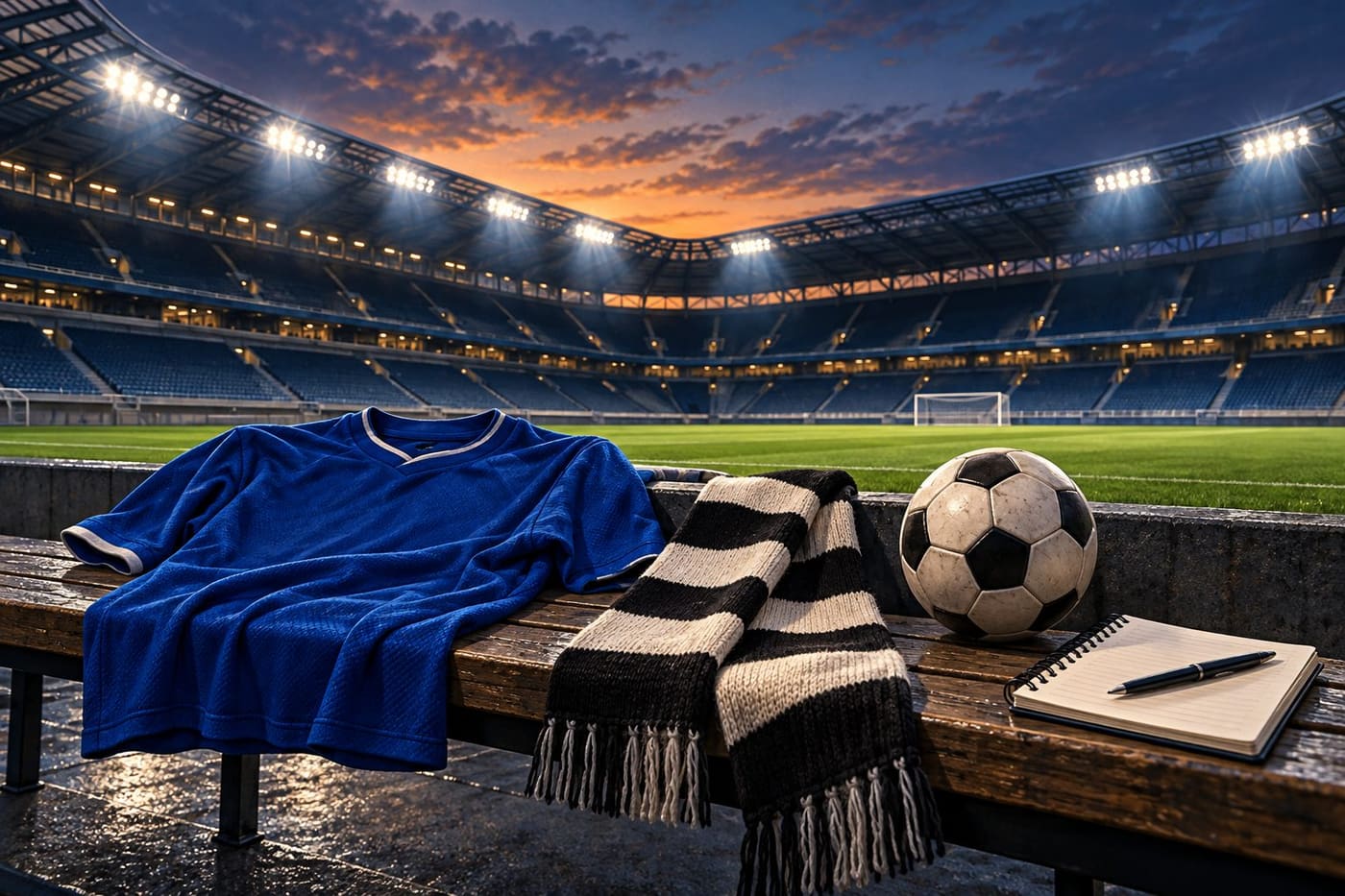 Original conceptual football illustration with unbranded blue clothing, a striped scarf and a match notebook in a generic empty stadium; not match photography.